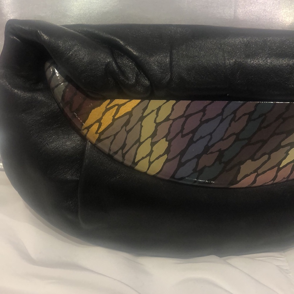 Handpainted Wood & Black Leather Clutch by Zushi